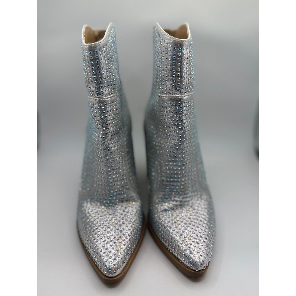 Silver Rhinestone Pointed Toe Ankle Boots Block Heel Size 5.5